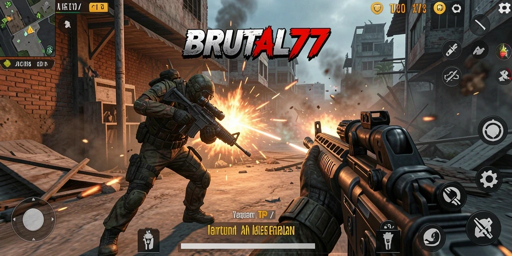 Screenshot gameplay BRUTAL77 dengan aksi pertempuran yang seru.