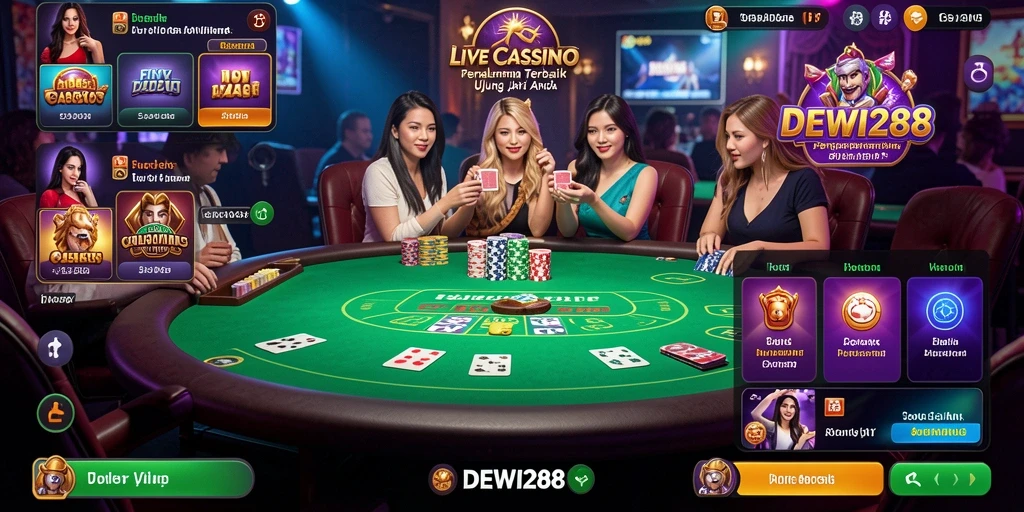 Tampilan screenshot DEWI288 yang menunjukkan dealer langsung dan permainan kasino.