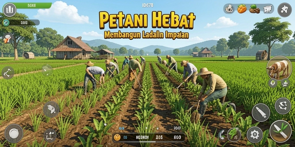 Screenshot gameplay ID678 menampilkan ladang yang subur dan hewan yang lucu.