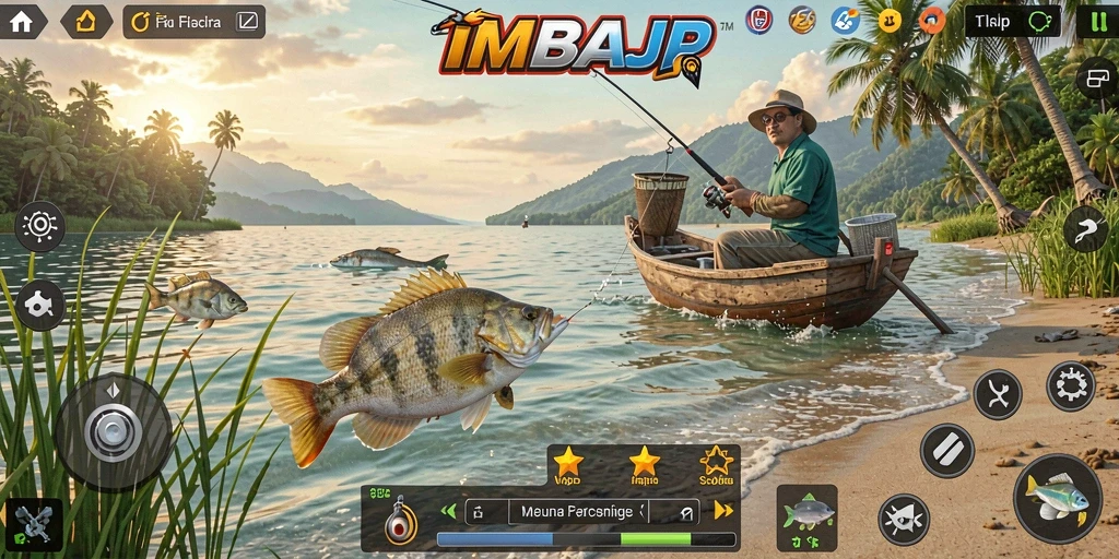 Screenshot gameplay IMBAJP dengan aksi memancing yang mendebarkan.