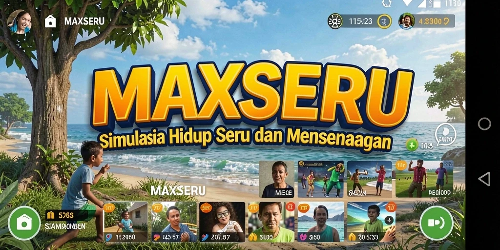 Tampilan gameplay seru di MAXSERU dengan aktivitas kehidupan sehari-hari.