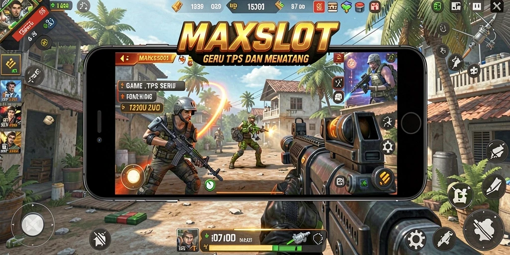 Tangkapan layar gameplay MAXSLOT menampilkan aksi seru dalam pertarungan TPS.