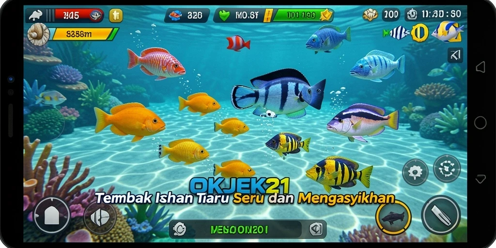Gameplay seru Tembak Ikan di OKJEK21 yang menantang dan menarik.
