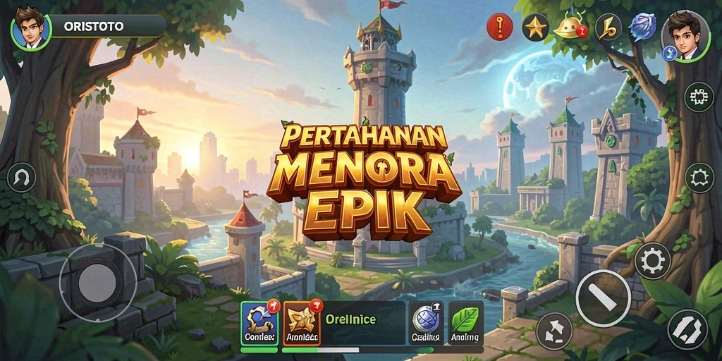 Tampilan utama gameplay ORISTOTO dengan menara pertahanan yang megah.
