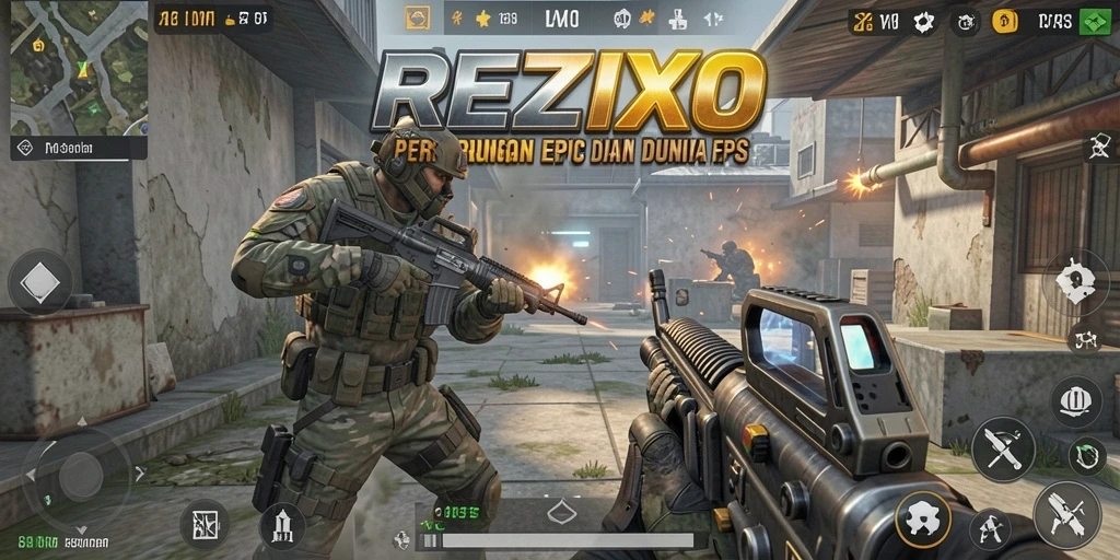 Screenshot gameplay menampilkan aksi menembak yang intens dalam REZIXO.