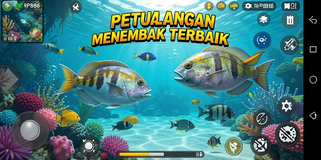 Tampilan gameplay seru dalam RP886 saat menembak ikan.